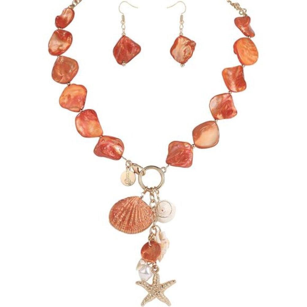 Orange Coral Seashell Charm Necklace and Earrings Set Boho Beach-Inspired